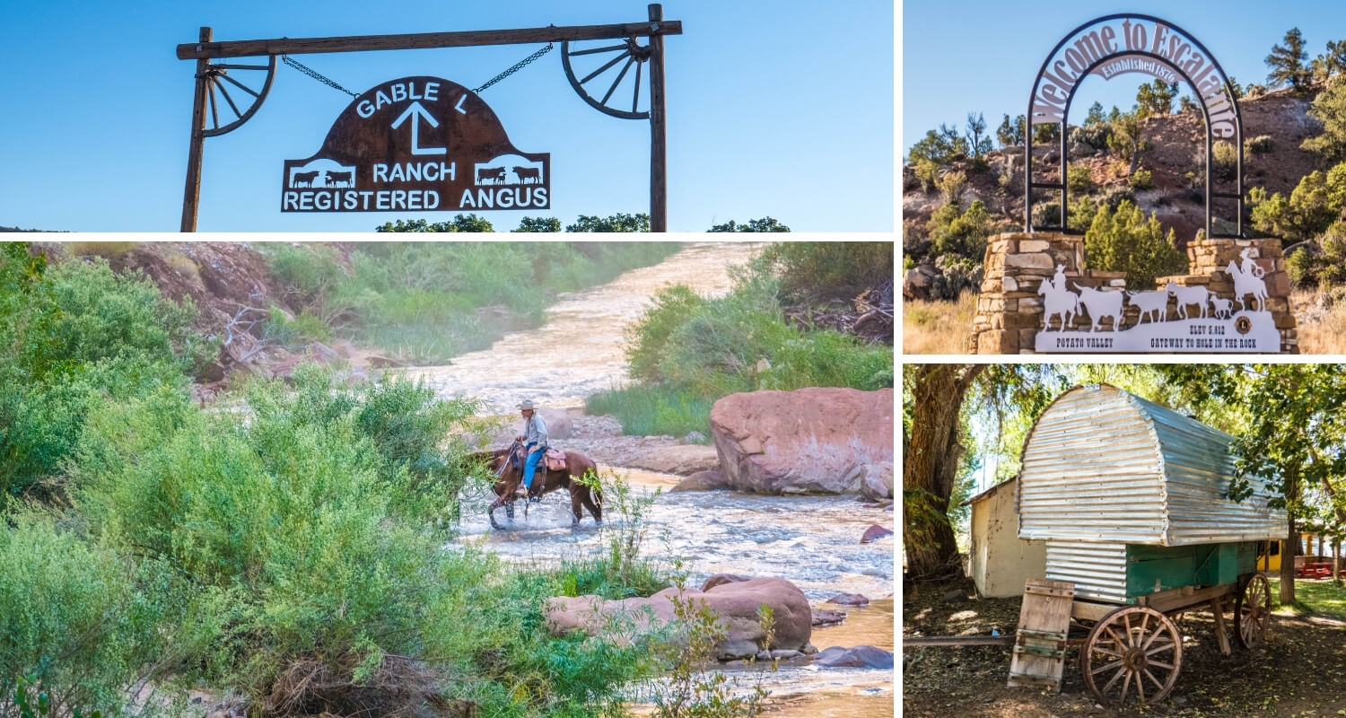 Enseigne de ranch, cowboy et roulotte de pionnier dans l'Utah