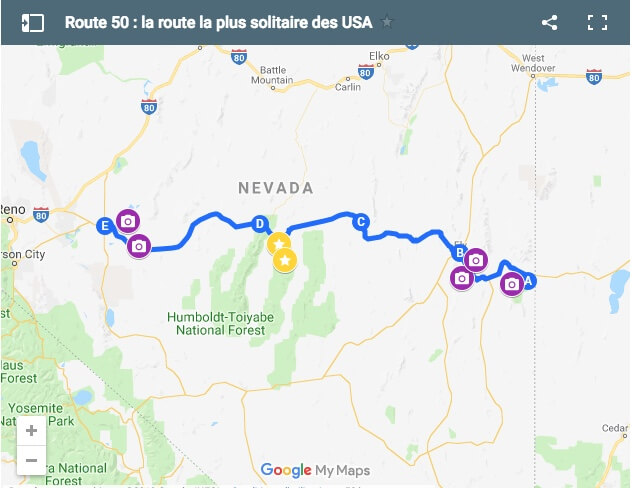 Carte route 50 Nevada, route la plus solitaire d'Amérique