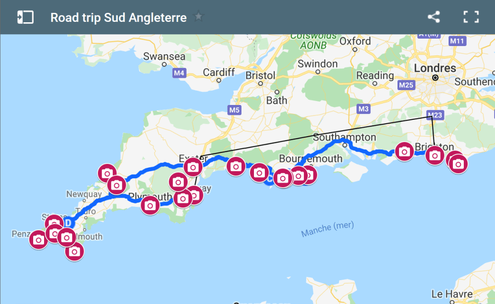 Carte road trip sud angleterre 2 semaines